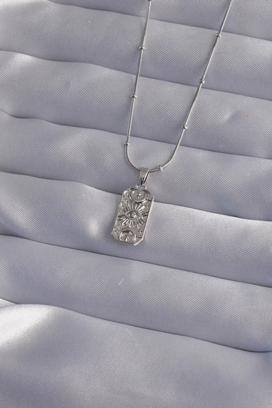 316L Çelik Zincir Gümüş Renk Lazer İşlemeli Göz Figürlü Tarot Kolye ürün görseli 1