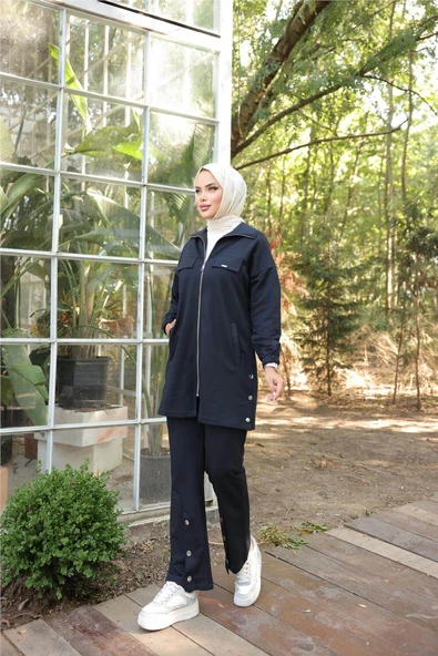 Fermuarlı Cepli Çıtçıt Detayı İkili Tesettür Eşofman Takımı - 71207.015 - Lacivert - Resim 9