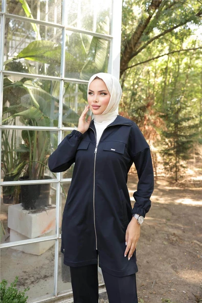 Fermuarlı Cepli Çıtçıt Detayı İkili Tesettür Eşofman Takımı - 71207.015 - Lacivert - Resim 6