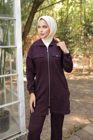 Fermuarlı Cepli Çıtçıt Detayı İkili Tesettür Eşofman Takımı - (38-46) - 71207 - Mürdüm - Resim 3