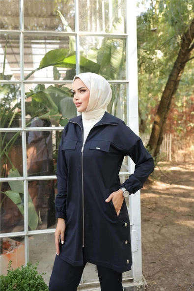 Fermuarlı Cepli Çıtçıt Detayı İkili Tesettür Eşofman Takımı - 71207.015 - Lacivert - Resim 5