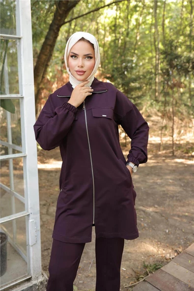 Fermuarlı Cepli Çıtçıt Detayı İkili Tesettür Eşofman Takımı - (38-46) - 71207 - Mürdüm - Resim 4