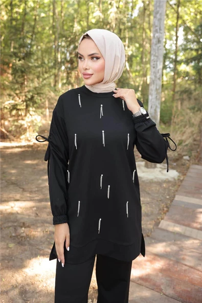 O Yaka Koldan Bağcıklı Taş Detaylı İkili Tesettür Eşofman Takımı - (38-46) - 71208 - Siyah - 4