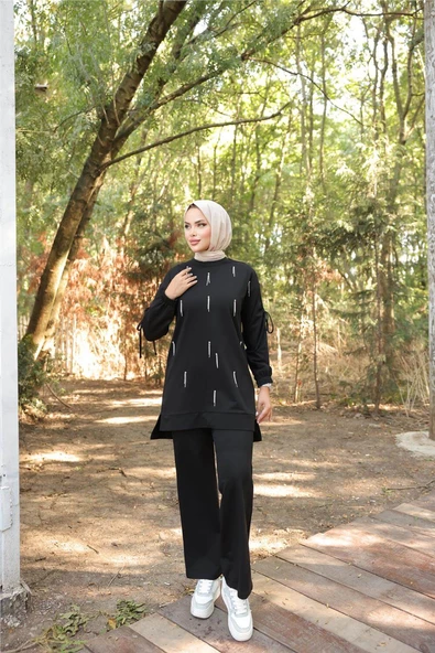 O Yaka Koldan Bağcıklı Taş Detaylı İkili Tesettür Eşofman Takımı - (38-46) - 71208 - Siyah - 6
