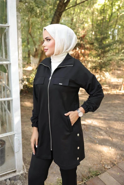 Fermuarlı Cepli Çıtçıt Detayı İkili Tesettür Eşofman Takımı - (38-46) - 71207 - Siyah - Resim 3