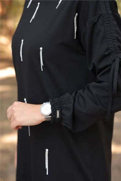 O Yaka Koldan Bağcıklı Taş Detaylı İkili Tesettür Eşofman Takımı - (38-46) - 71208 - Siyah - 2