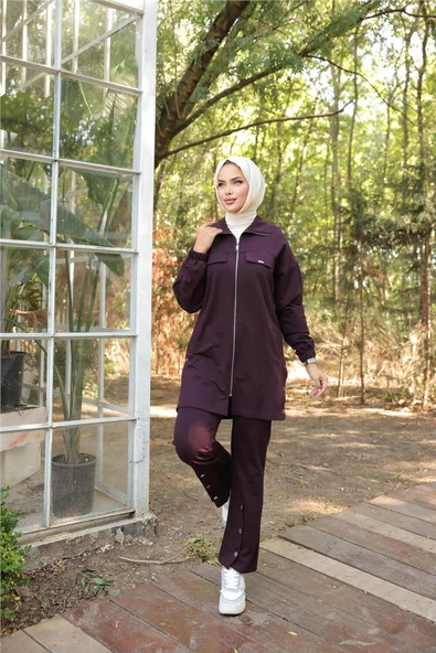 Fermuarlı Cepli Çıtçıt Detayı İkili Tesettür Eşofman Takımı - (38-46) - 71207 - Mürdüm - Resim 6