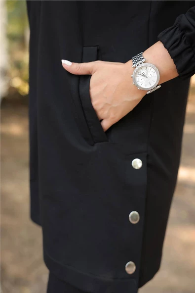 Fermuarlı Cepli Çıtçıt Detayı İkili Tesettür Eşofman Takımı - (38-46) - 71207 - Siyah - Resim 2