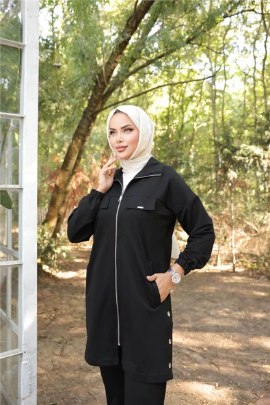 Fermuarlı Cepli Çıtçıt Detayı İkili Tesettür Eşofman Takımı - (38-46) - 71207 - Siyah - Resim 4