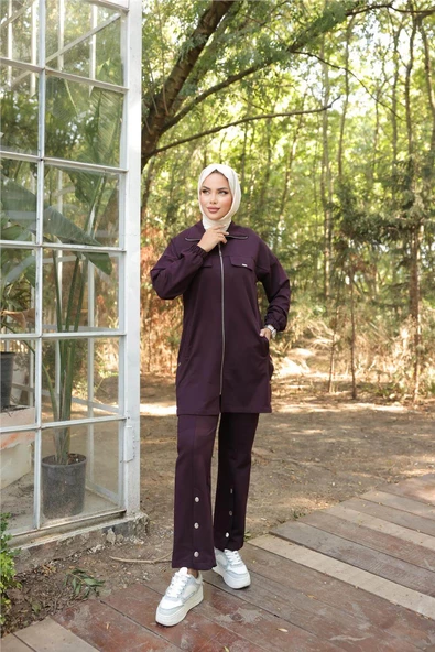 Fermuarlı Cepli Çıtçıt Detayı İkili Tesettür Eşofman Takımı - (38-46) - 71207 - Mürdüm - Resim 7