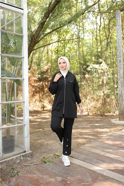 Fermuarlı Cepli Çıtçıt Detayı İkili Tesettür Eşofman Takımı - (38-46) - 71207 - Siyah - Resim 6