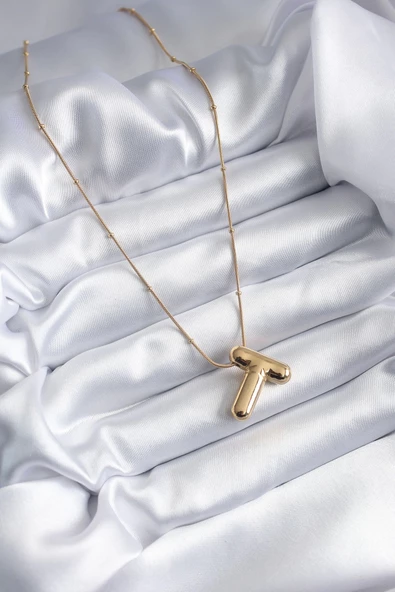 316L Çelik Gold Renk Bubble "T" Harf Model Kadın Kolye - Resim 2