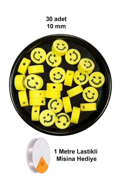 30 Adet 10 mm Polimer Kil Fimo Boncuk Takı Bileklik + 1 Metre Lastikli Misina Hediye - Gülen Yüz Smile