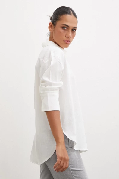 Geniş Manşetli Keten Gömlek Ekru - Resim 6