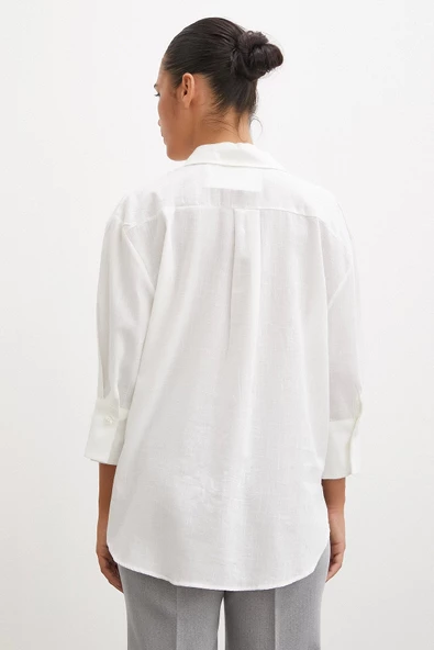 Geniş Manşetli Keten Gömlek Ekru - Resim 3