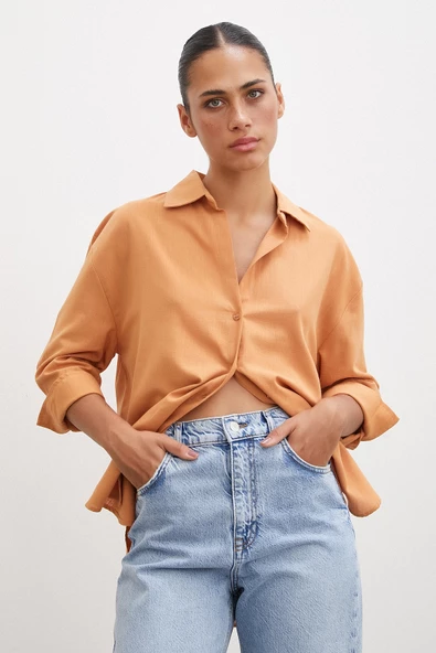 Geniş Manşetli Keten Gömlek Kahve - 4