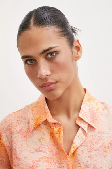 Damla Desenli Modal Gömlek Oranj - Resim 6