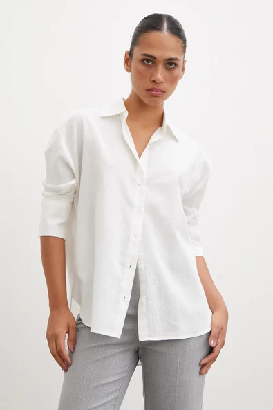 Geniş Manşetli Keten Gömlek Ekru - Resim 4