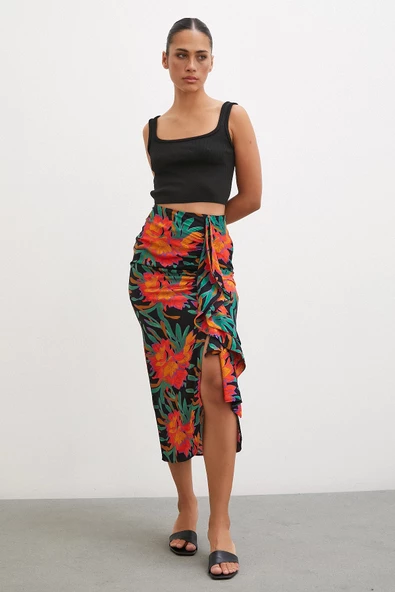 Önü Fırfırlı Desenli Etek Yeşil - Resim 2