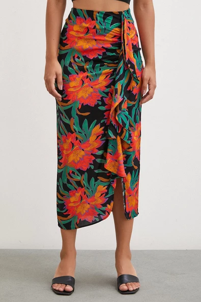 Önü Fırfırlı Desenli Etek Yeşil - Resim 5