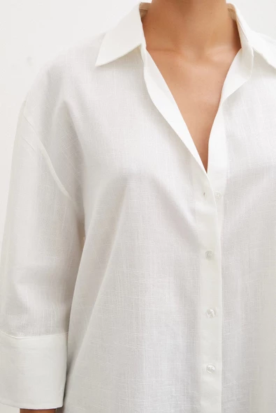 Geniş Manşetli Keten Gömlek Ekru - Resim 2