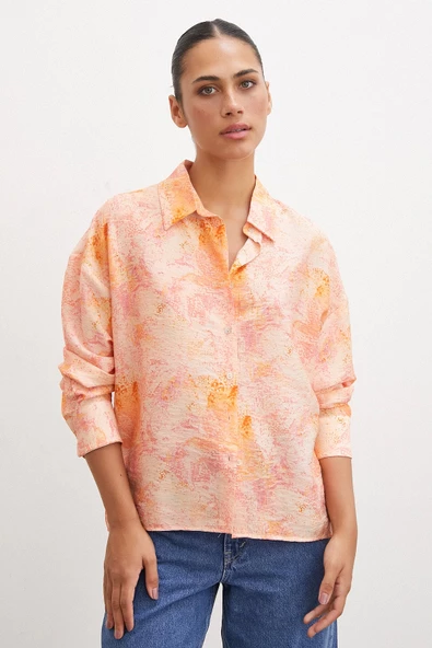 Damla Desenli Modal Gömlek Oranj - Resim 5