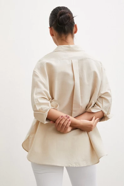 Yırtmaçlı Fakir Kol Gömlek Bej - Resim 6