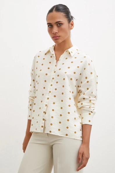 Puantiyeli Oversize Gömlek Kahve - Resim 6