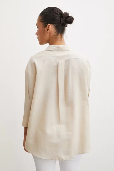 Yırtmaçlı Fakir Kol Gömlek Bej - Resim 3