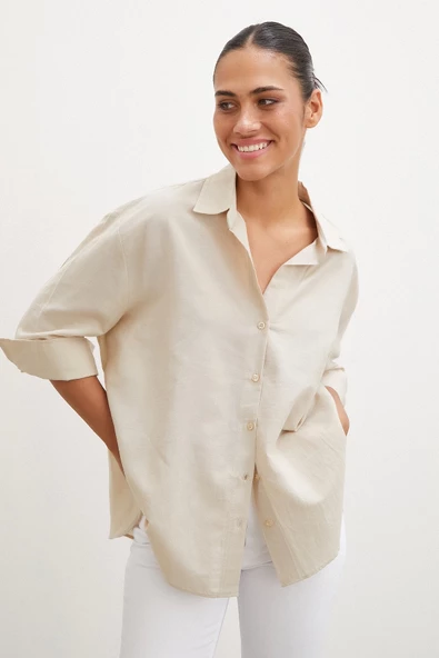 Yırtmaçlı Fakir Kol Gömlek Bej ürün görseli