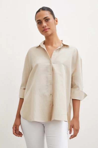 Yırtmaçlı Fakir Kol Gömlek Bej - Resim 5