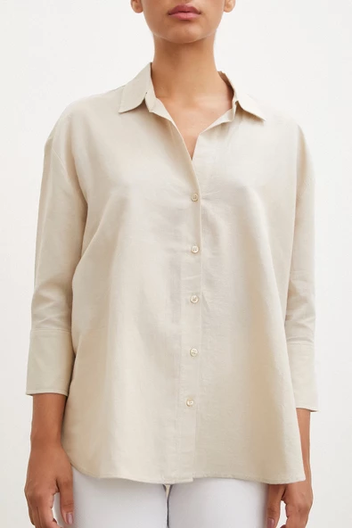 Yırtmaçlı Fakir Kol Gömlek Bej - Resim 2