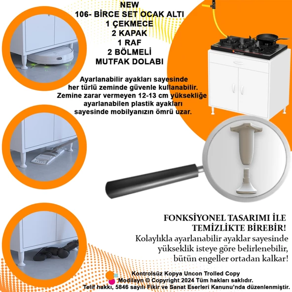 Modilayn BİRCE XXL-75 x 87 x 48 cm Kapaklı Set Ocak Altı Çekmeceli Çok Amaçlı Mutfak & Banyo Dolabı - 6