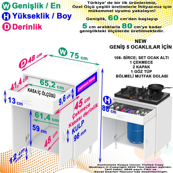 Modilayn BİRCE XXL-75 x 87 x 48 cm Kapaklı Set Ocak Altı Çok Amaçlı Mutfak & Banyo Dolabı - Resim 5
