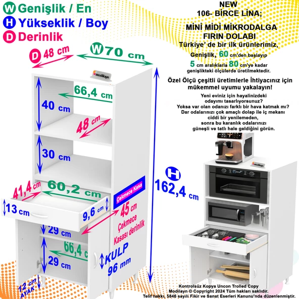 MODİLAYN BİRCE LİNA XL-70 x 162,4 x 48 cm MİNİ MİDİ MİKRODALGA FIRIN DOLABI   1 ÇEKMECE  2 KAPAK 4 GÖZ RAFLI - 5