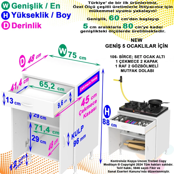 Modilayn BİRCE XXL-75 x 87 x 48 cm Kapaklı Set Ocak Altı Çekmeceli Çok Amaçlı Mutfak & Banyo Dolabı - 5
