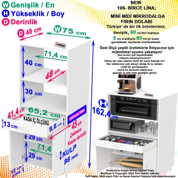 MODİLAYN BİRCE LİNA MİNİ MİDİ MİKRODALGA FIRIN DOLABI XXL-75 x 162,4 x 48 cm 1 ÇEKMECE 2 KAPAK 4 GÖZ RAFLI - 5