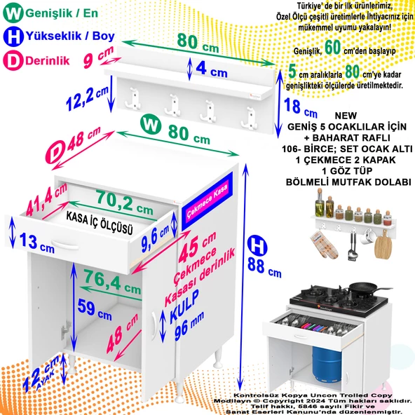 Modilayn BİRCE XXXL-80 x 87 x 48 cm Tüp Bölmeli Set Ocak Altı Dolap ve Baharat Rafı - 5