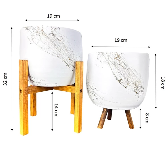 Bitki Tasarımı Beyaz Üzeri Gold Mermer Efektli Toprak Saksı Saksılık Salon Çiçeklik İkili Set 3 Ayaklı- 4 Ayaklı- 19 CM - 2