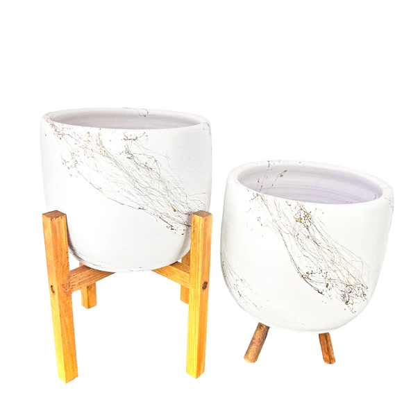Bitki Tasarımı Beyaz Üzeri Gold Mermer Efektli Toprak Saksı Saksılık Salon Çiçeklik İkili Set 3 Ayaklı- 4 Ayaklı- 19 CM - 3