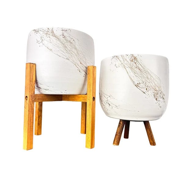 Bitki Tasarımı Beyaz Üzeri Gold Mermer Efektli Toprak Saksı Saksılık Salon Çiçeklik İkili Set 3 Ayaklı- 4 Ayaklı- 19 CM