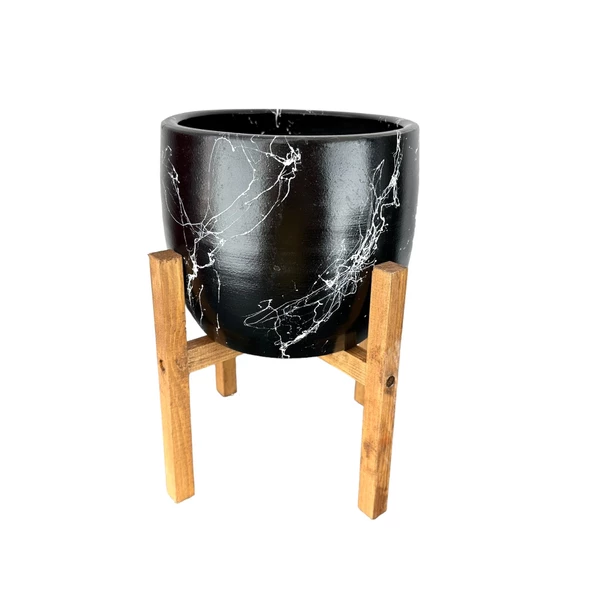 Bitki Tasarımı Siyah Üzeri Beyaz Mermer Efektli Toprak Saksı Saksılık Salon Çiçeklik 4 Ayaklı - 19 CM - 3