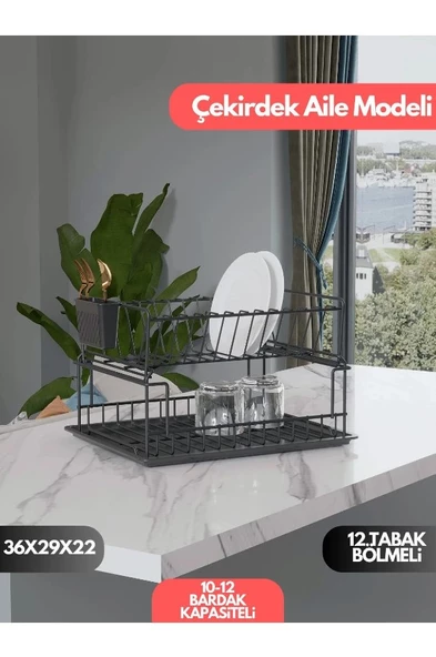 Karen Banyo iki Katlı Modüler Bulaşık Sepeti, Bulaşıklık Tabaklık Siyah SM004-B