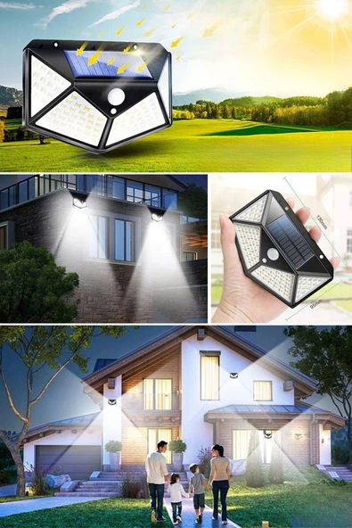 BUFFER® 100 Ledli 3 Farklı Aydınlatma Ayarlı Solar Güneş Enerjili Hareket Sensörlü Bahçe Duvar Lambası - 8