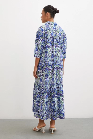 Önü Düğmeli Fakir Kol Elbise Lacivert - 4