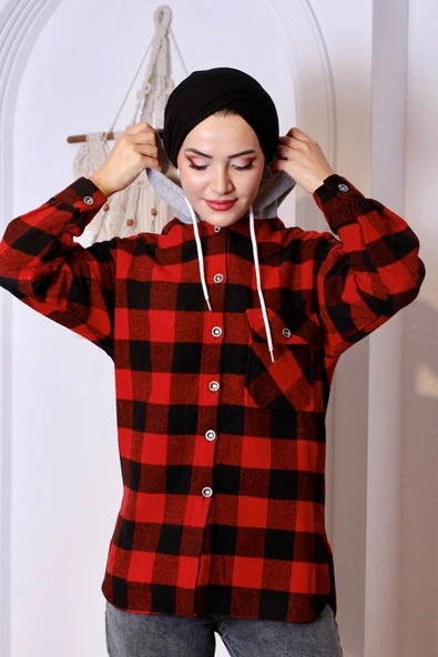 Ekoseli Kapüşonlu Oduncu Gömlek - Kırmızı/siyah - 7