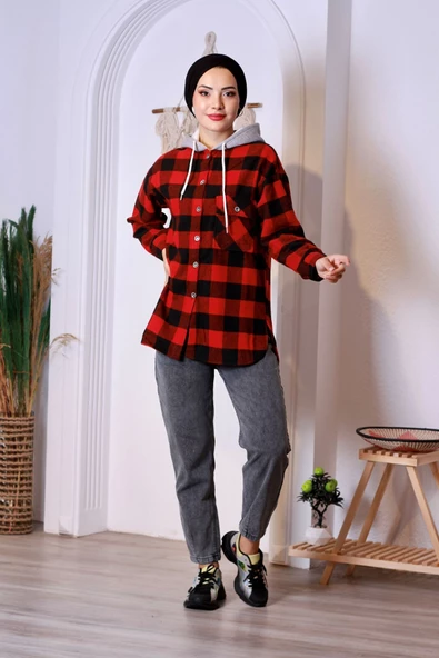 Ekoseli Kapüşonlu Oduncu Gömlek - Kırmızı/siyah - 3