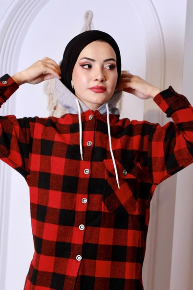 Ekoseli Kapüşonlu Oduncu Gömlek - Kırmızı/siyah - 8