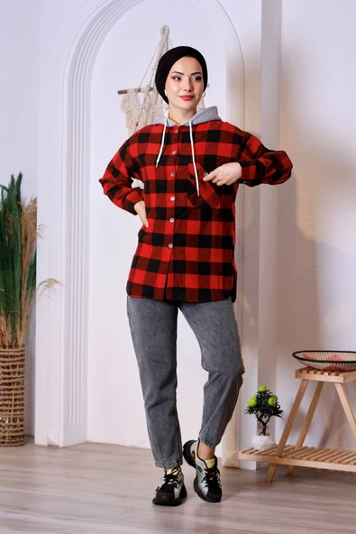 Ekoseli Kapüşonlu Oduncu Gömlek - Kırmızı/siyah - 4