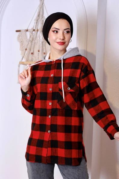 Ekoseli Kapüşonlu Oduncu Gömlek - Kırmızı/siyah - 6